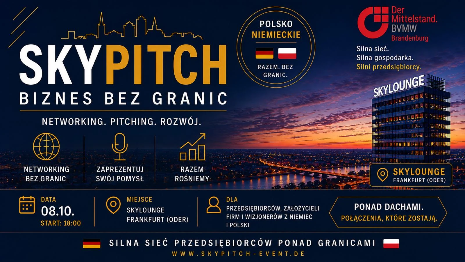 Plakat wydarzenia SkyPitch — Biznes bez granic, 8 października, start 18:00, Skylounge we Frankfurcie nad Odrą